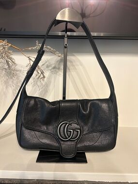 Gucci Black Leather Aphrodite Shoulder Bag with Double G Emblem